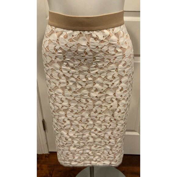 BCBG Max Azria Bess Tan & Cream Lace Overlay Pencil Skirt, Size Small - Picture 1 of 7